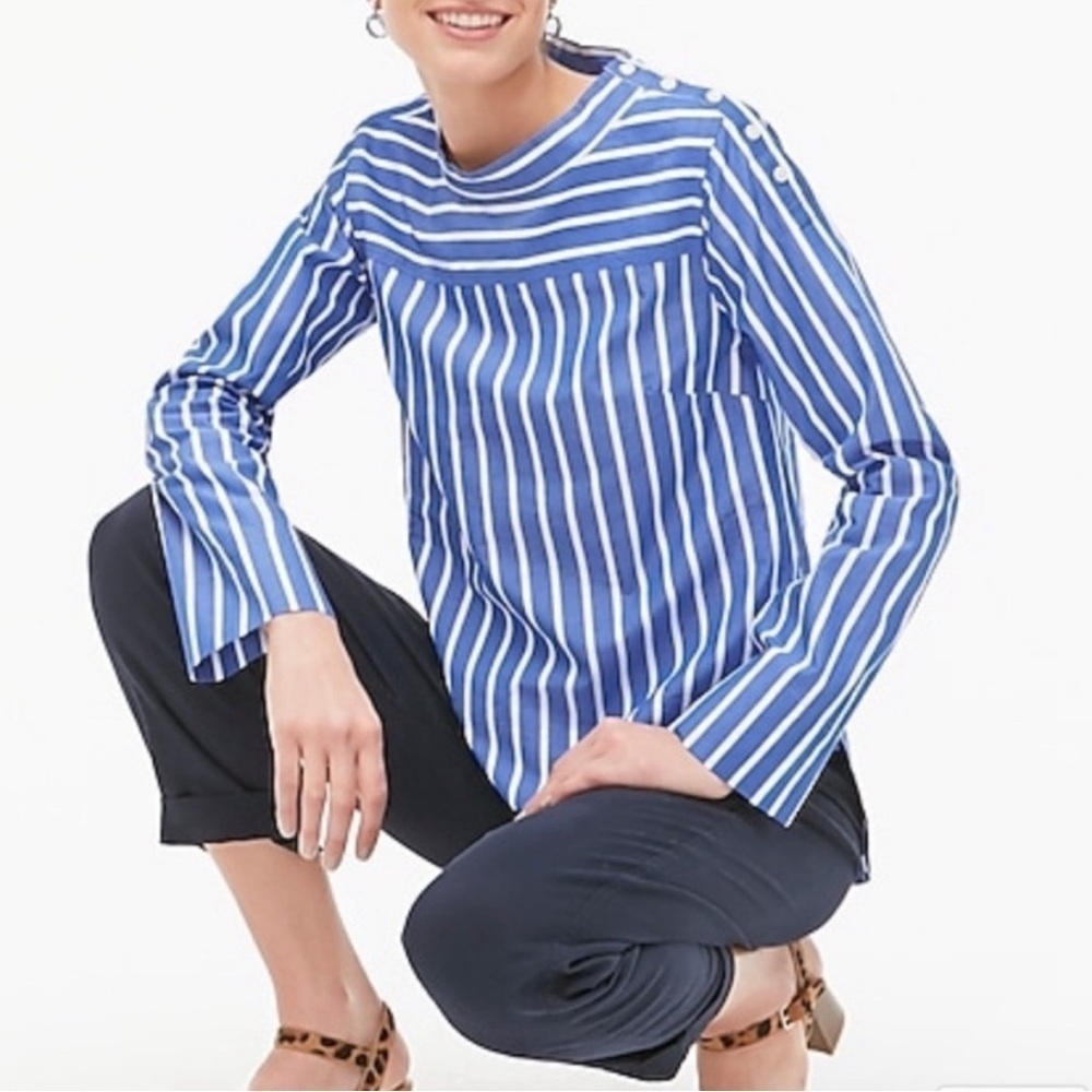 J. Crew blue and white funnelneck stripe blouse. Size 6. Like new!